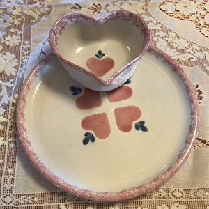 Chaparral signed Pink Country Folk Art Heart Chip and Dip Bowl